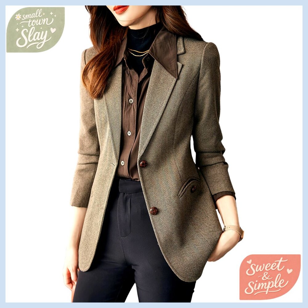 Classic Wool-Blend Herringbone Blazer - Brown